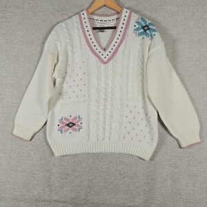 62 East Vintage Cream Cable Knit Floral Heart V-Neck Sweater‎ Womens Medium